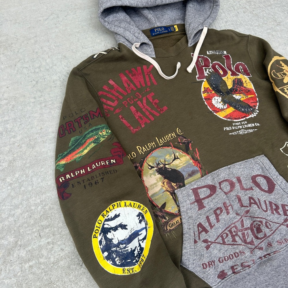 Polo Ralph Lauren Sportsman Afterhood Hoodie Mens Large Olive Multi Graphic Rare - Picture 5 of 8